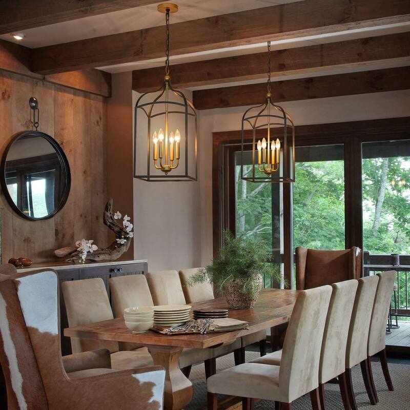 Farmhouse 4-Light Lantern Chandelir for Dining Room Foyer - Black & Gold