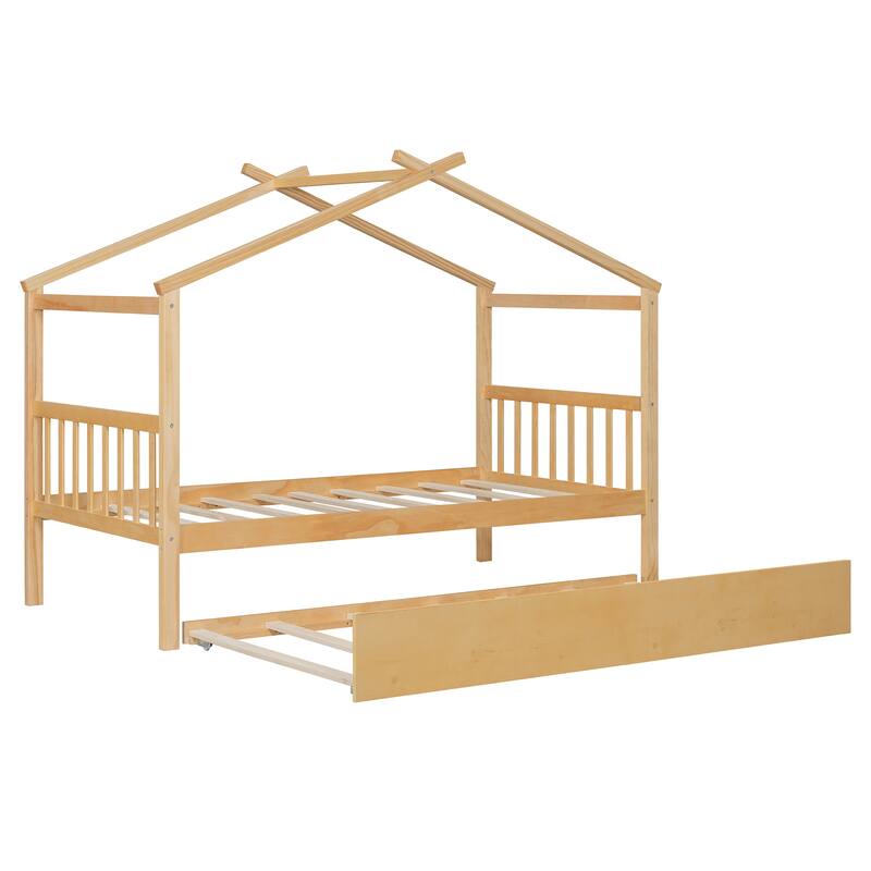 Twin Size Wooden House Bed with Pull-Out Trundle, Natural Finish