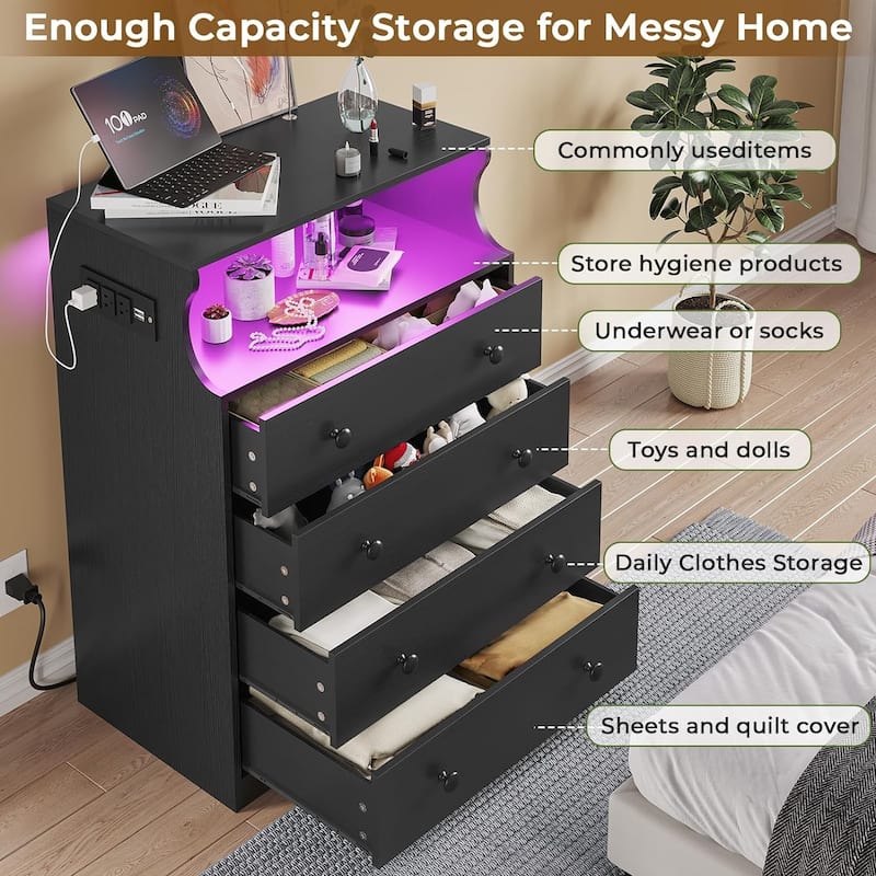 Dresser Charging Station 4 Drawers LED Dresser for Bedroom
