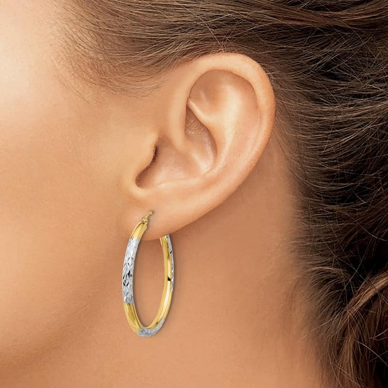 Curata 14k Yellow Gold Rhodium Sparkle Cut Hoop Earrings - 35x35mm