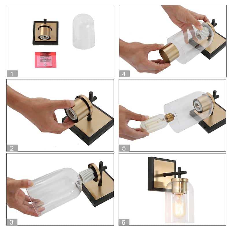 Modern 1-Light Black Gold Glass Wall Sconce Dimmable Bathroom Vanity Light - 4" L × 7.5" W × 10" H