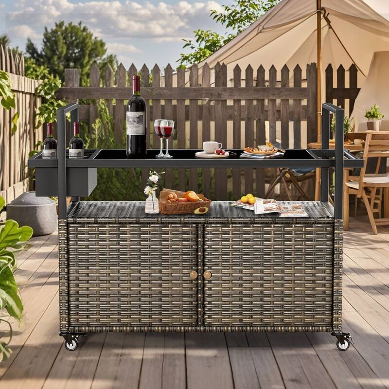 Outdoor Grill Cart Table with Wheels, Wicker Kitchen Island