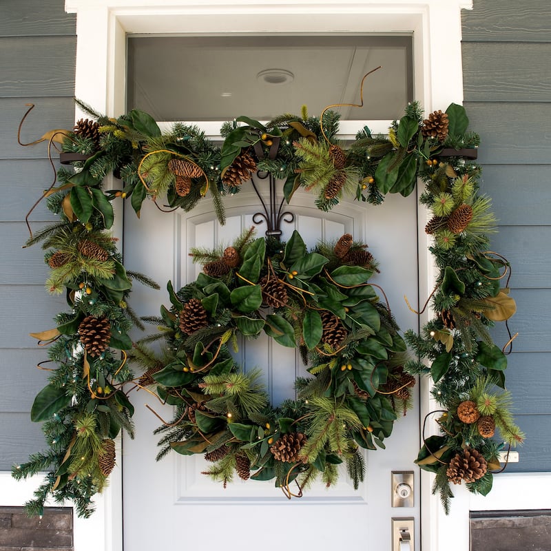 30 in. Holiday Wreath with Lights - Magnolia Leaf - Green