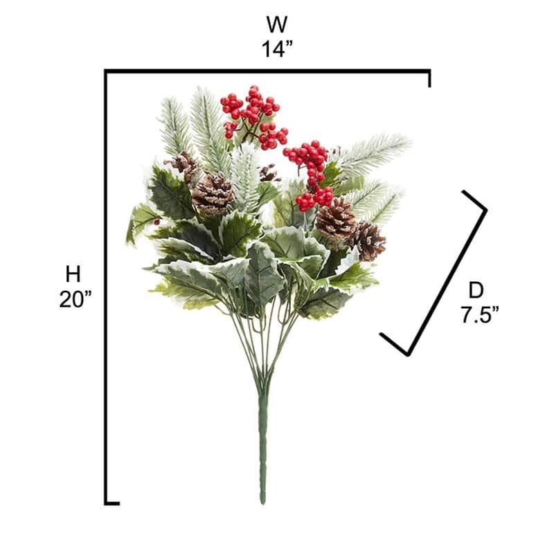 Faux Holly Leaves Berries Pinecone Snow Christmas Bush