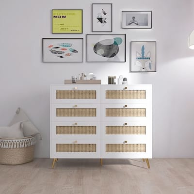 Modern Dressers Chest with 8-Drawer and Rattan Faces, Golden Legs, and Handles