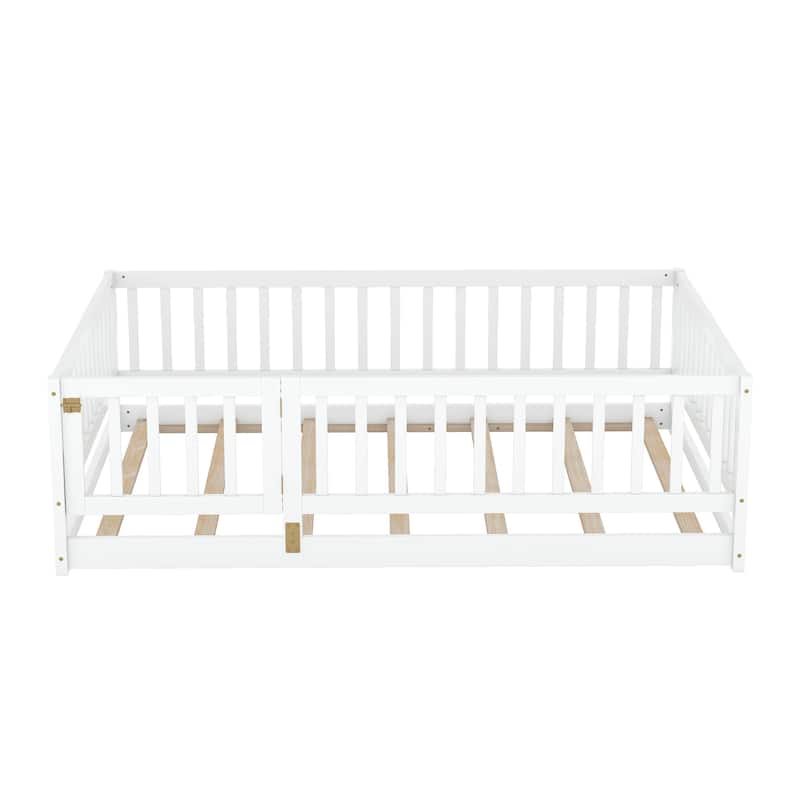 Full Size Floor Bed with Slats, Montessori Floor Bed with Fence and Door, Kids Montessori Bed Full Size, Wood Floor Bed