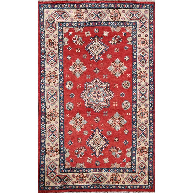 Hand Knotted Oriental 100% Wool Carpet Traditional Geometric Red Kazak Area Rug - 5' 0'' X 3' 1''