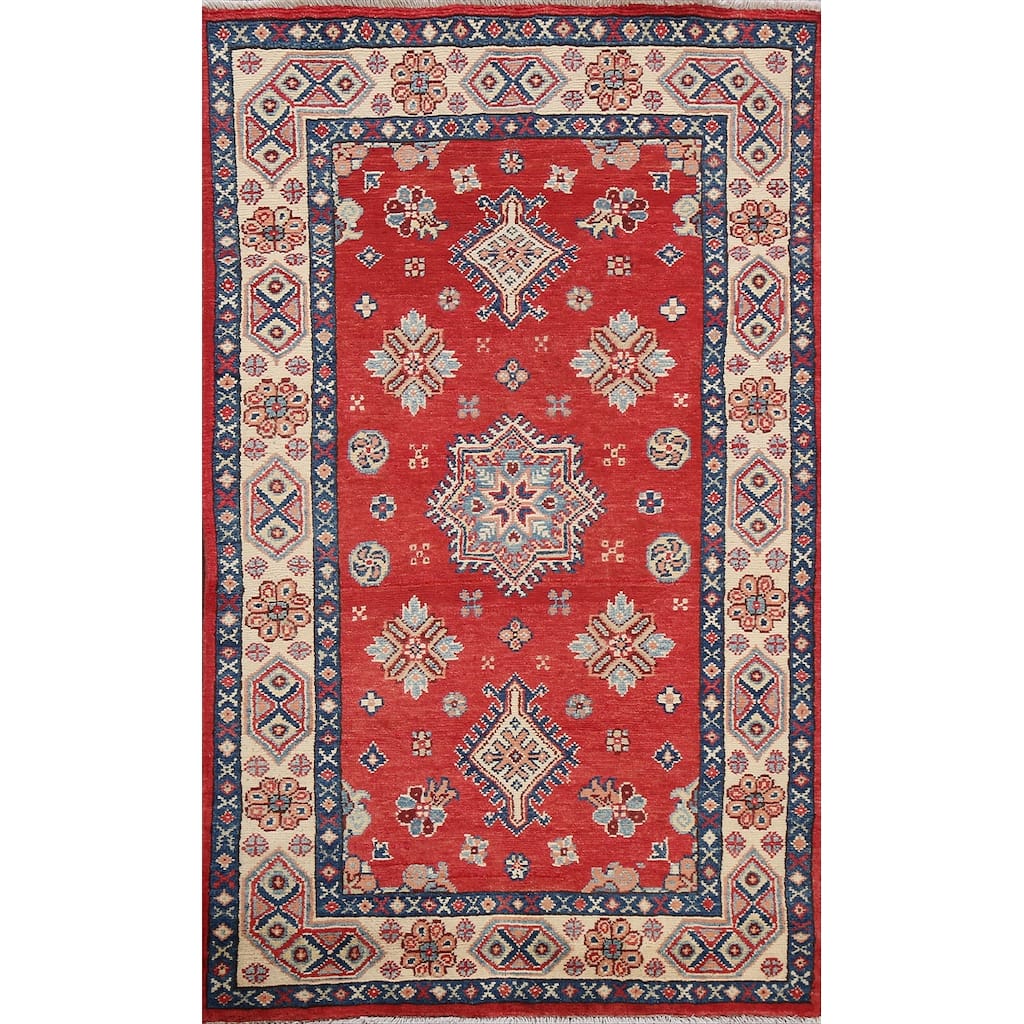 Hand Knotted Oriental 100% Wool Carpet Traditional Geometric Red Kazak Area Rug - 5' 0'' X 3' 1''