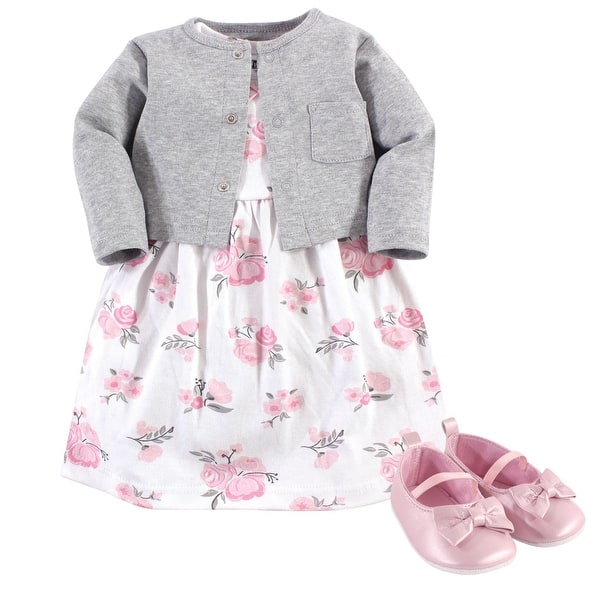 Hudson Baby Infant Girl Cotton Dress, Cardigan and Shoe 3pc Set, Pink Gray  Floral - Bed Bath & Beyond - 42843213