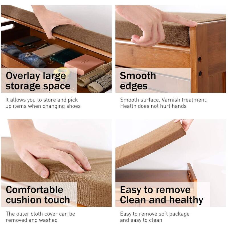 Shoe Storage Bench, Bamboo Shoe Rack with Door Storage Space and Soft Cushion