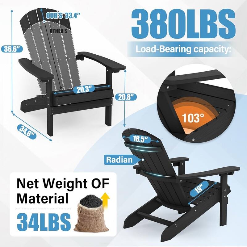 WINSOON All Weather HIPS Outdoor Plastic Adirondack Chairs - Black