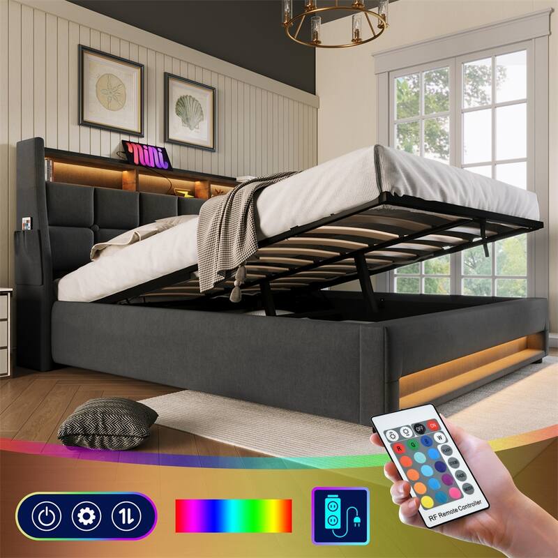 Queen Size Upholstered Platform Bed w/ a Hydraulic Storage System, LED
