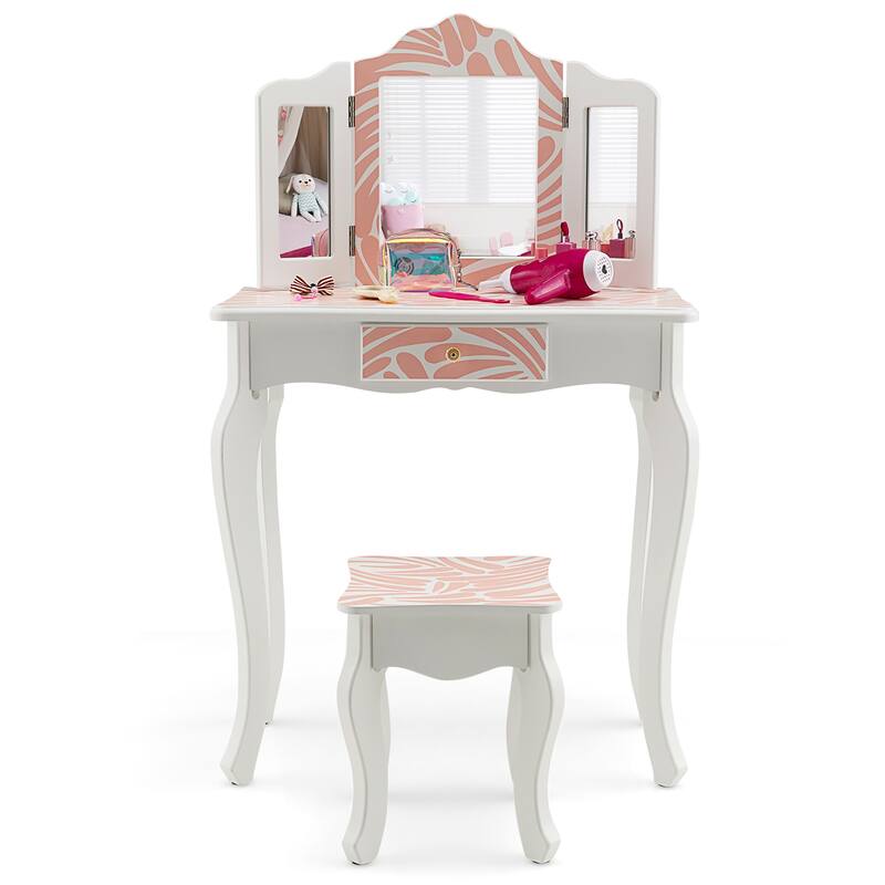 Costway Kid Vanity Set Wooden Makeup Table Stool Tri-Folding Mirror - See Details