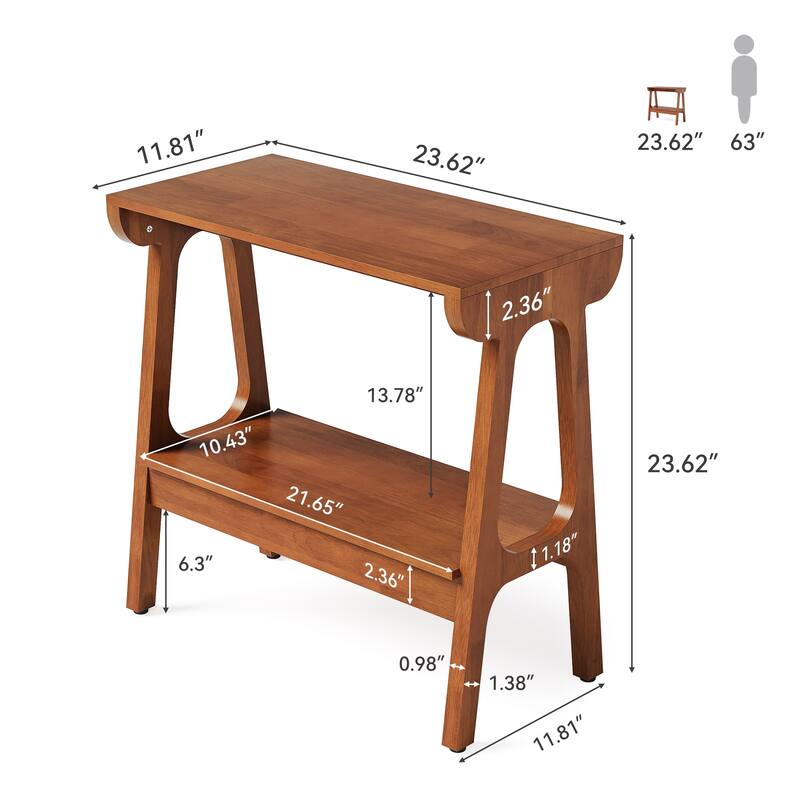 Solid Wood End Table with Storage Shelf, Narrow 2-Tier Side Table