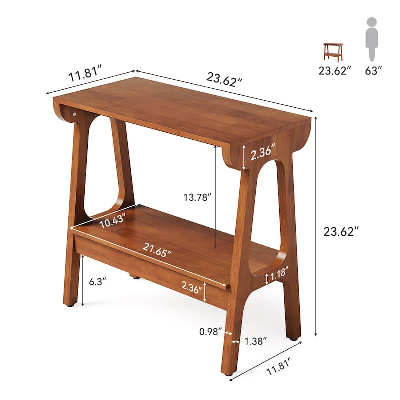 Solid Wood Narrow End Table with Storage Shelf, Sofa Couch Side Table Tall Nightstand, Living Room Bedroom Accent Snack Table