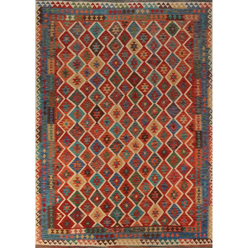 Trellis Kilim Oriental Area Rug Hand-Woven Orange Wool Carpet - 8'5"x 11'5"