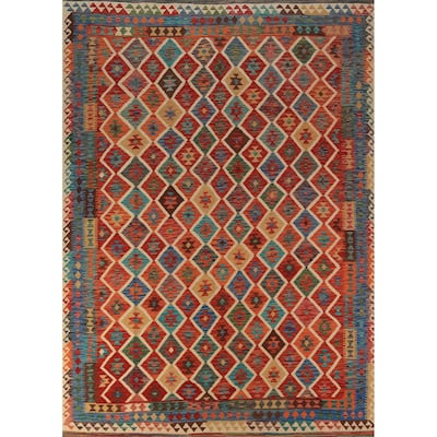 Trellis Kilim Oriental Area Rug Hand-Woven Orange Wool Carpet - 8'5"x 11'5"