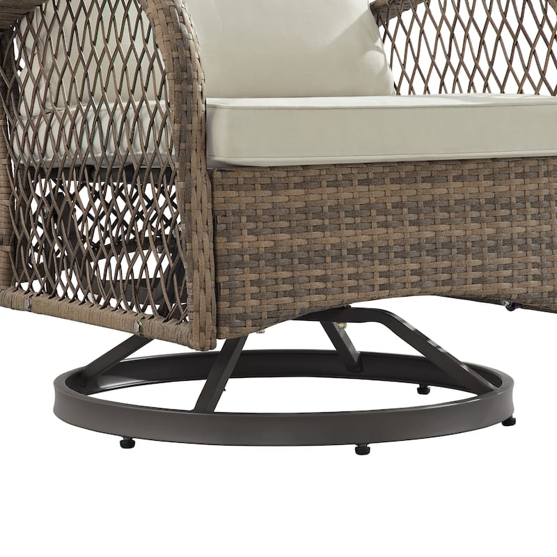 Corvus Helicon 3-Piece Outdoor Wicker Swivel Chat Set with Cushions and Glass Side Table