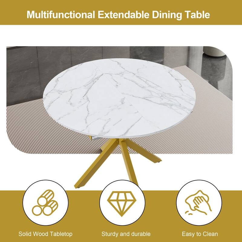 42" to 58" Extendable Round Dining Table, Modern Wood Veneer Top & Carbon Steel X-Base