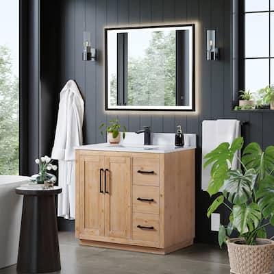 Cicero Single Bathroom Vanity in Light Brown with Grain White Engineered Stone Countertop with Mirror