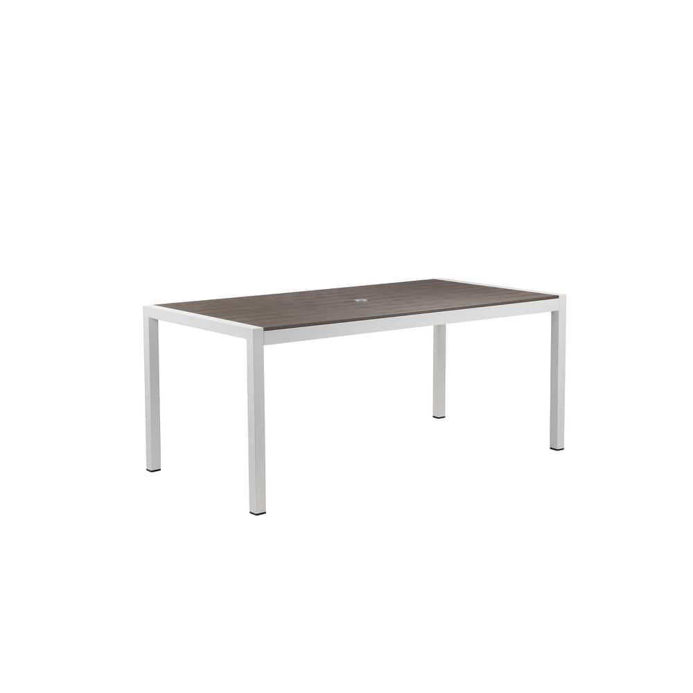 Fifi 71 Inch Outdoor Dining Table, Gray Polyresin Top, White Aluminum Frame