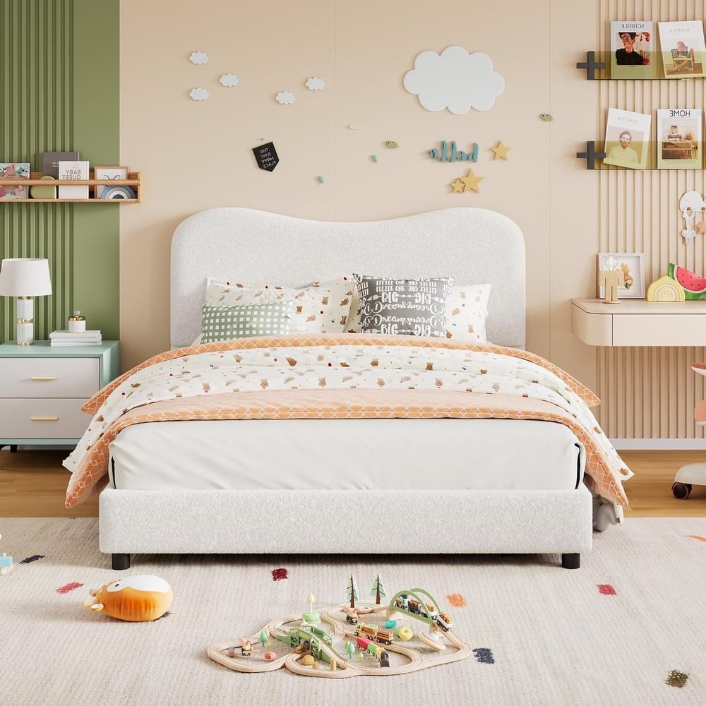 Low Profile Sturdy Platform Bed, with Velvet Upholstered Headboard, Strong Wooden Slats