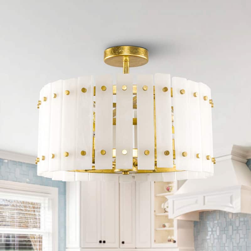 18" Modern Marble Distressed Gold 4-Light Caged Semi-Flush Ceiling Light