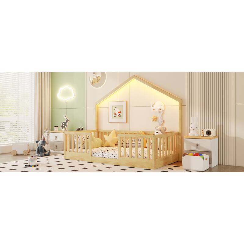 Roomfitters Twin/Full Floor Platform Bed, House Frame and LED Light with Wooden High Rails for Bedrooms or Guest Rooms