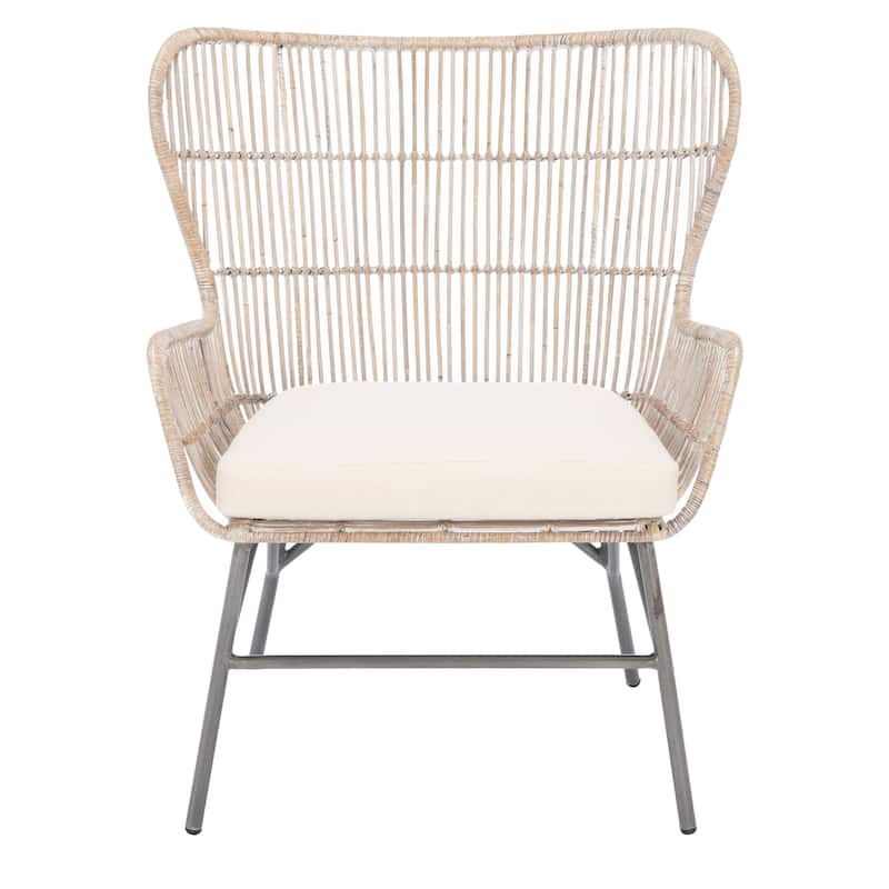 SAFAVIEH Norah Rattan Accent Chair with Cushion - 28.4" W x 25.2" L x 34.3" H - 28Wx25Dx34H - Grey White Wash/White/ Black