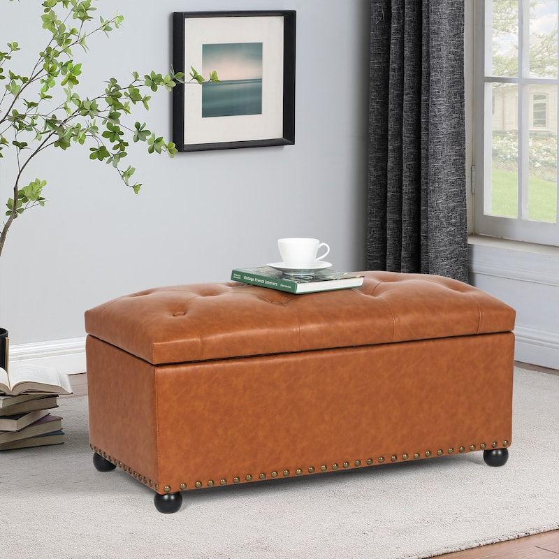 Adeco Rectangular Storage Ottoman Tufted Faux-Leather Bench Lifted Top