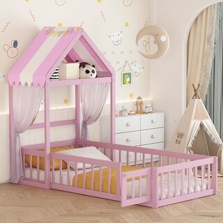 Twin/Full Size Floor Bed,Wood House Bedframe with Detachable Headboard