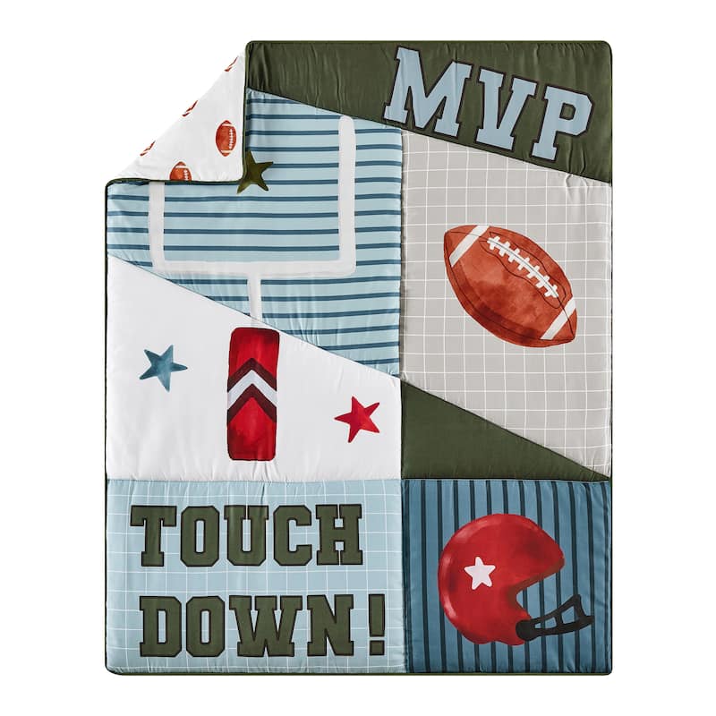 Sweet Jojo Designs American Football MVP Boy 4pc Nursery Crib Bedding Set Green Blue Red Vintage Helmet Field Goal Sports Themed