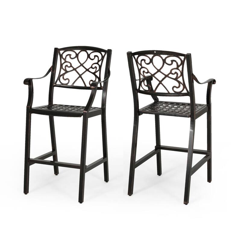 Roomfitters 2-Piece Outdoor Metal Bar Stools, Cast Aluminum Patio Dining Chairs with Ornate Scrollwork Backrest, Copper