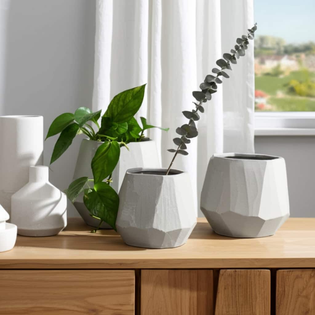 Stoneware Vases Faceted Geometric Design (Set of 3) - 5/6/8" White