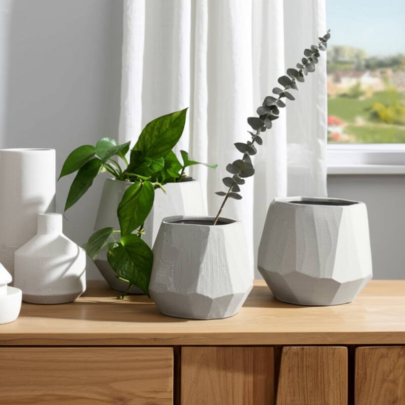 Stoneware Vases Faceted Geometric Design (Set of 3) - 5/6/8" White - White - 8" x 8" x 6.25"