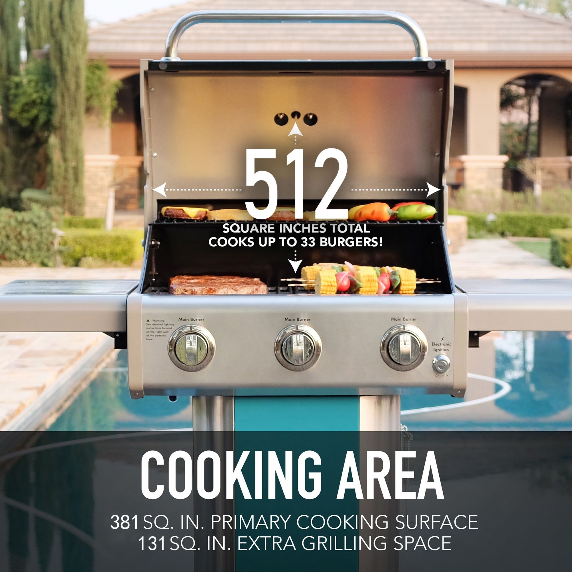 Kenmore 3 Burner Pedestal Grill with Foldable Side Shelves