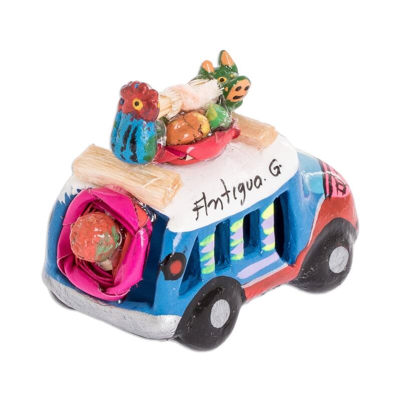 Novica Handmade Blue And Red Old-Time Bus Mini Ceramic Sculpture