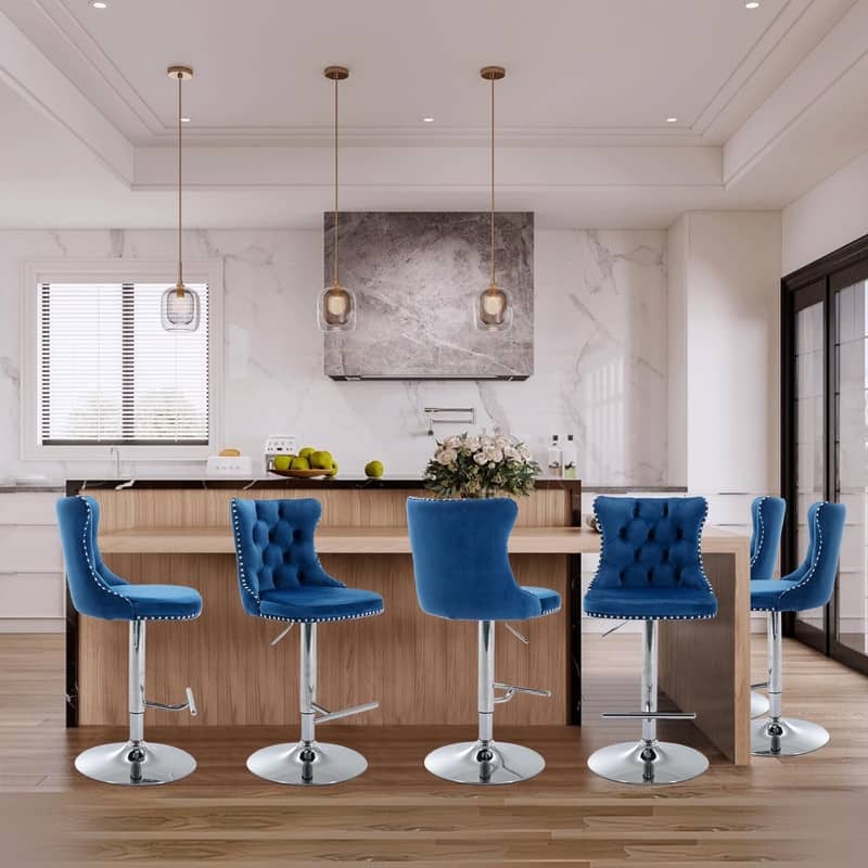 Velvet Upholstered Nailheads Tufted Swivel Bar Stools (Set of 6) - Navy SliverBase