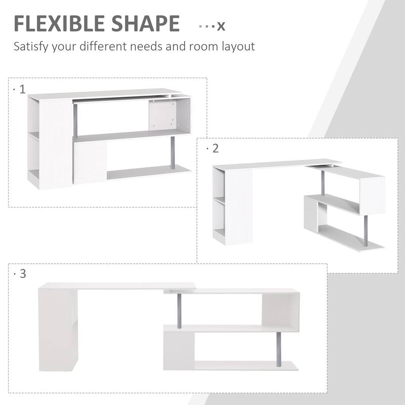 55" 360° Rotating Corner Computer Desk Modern L-Shaped Home Office Workstation with 3-Tier Storage Shelves, Bookshelf