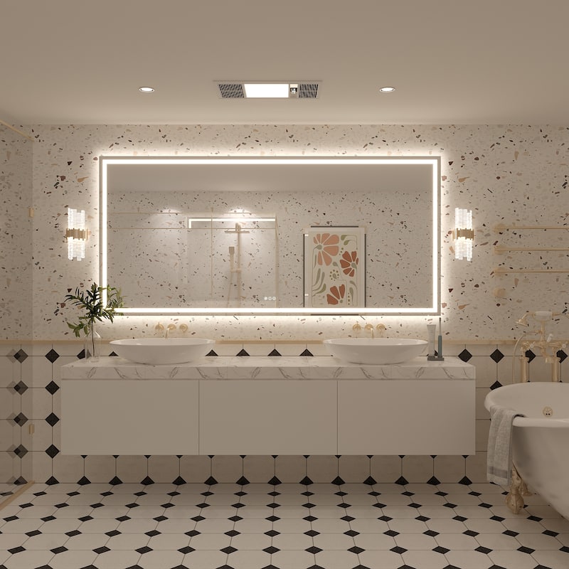 Large LED Bathroom mirror Tempered Glass Dimmable Anti-Fog Vanity Mirror