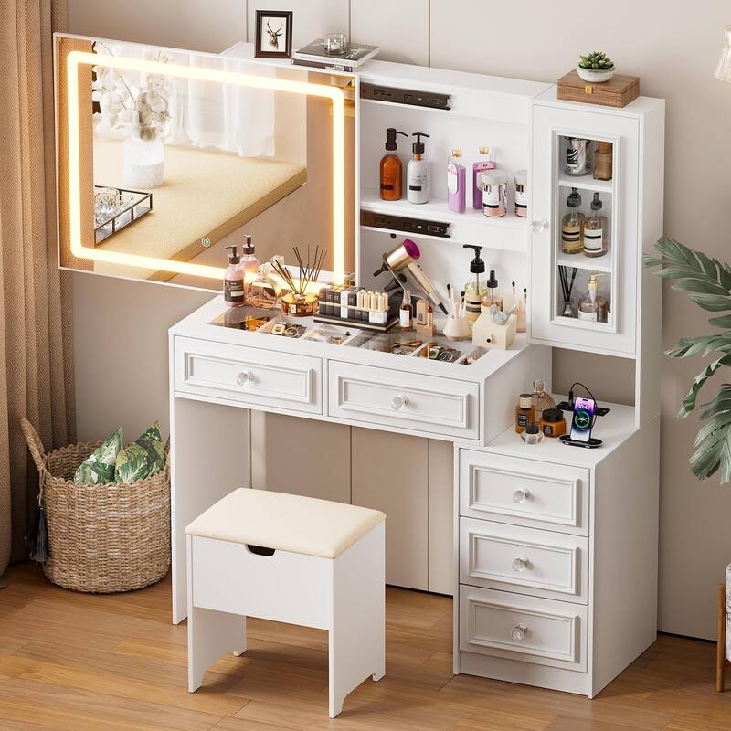 Vanity Desk Set with Sliding Lighted Mirror & Stool, 5 Drawers, Storage Cabinet, Charging Station