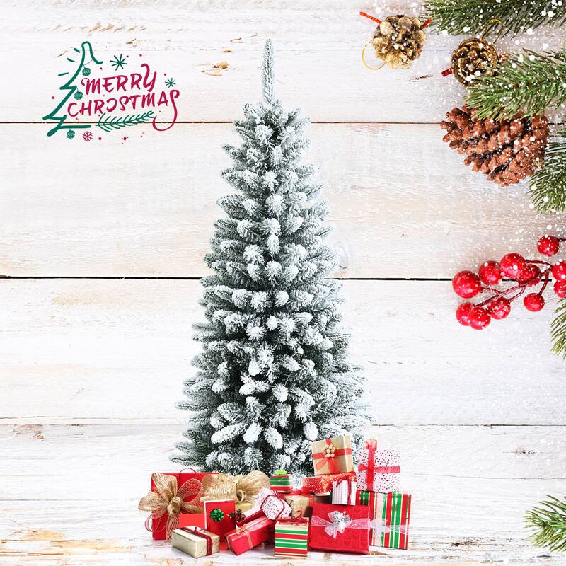 Gymax 4.5/6.5/7.5 FT Artificial Slim Christmas Tree Unlit Snow-Flocked - 4.5 Foot