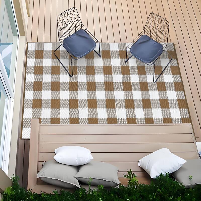 Outdoor Rug Waterproof Reversible Rug Indoor Outdoor Plaid Area Rug Plastic Straw Rug for Camping RV Backyard Patio