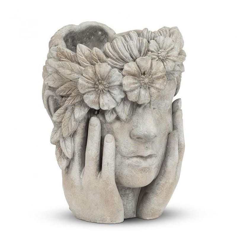 Woman With Hands On Her Face And Flower Halo Planter