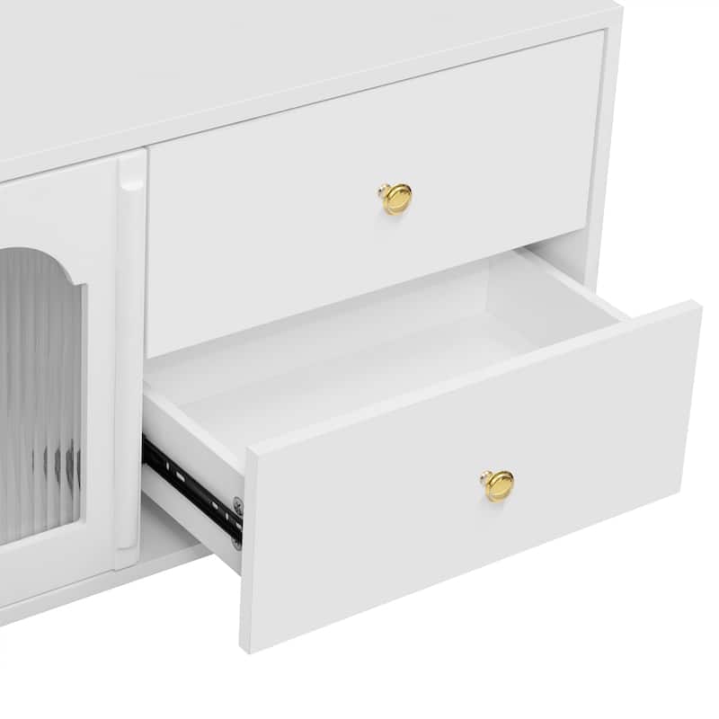 70.9"Modern TV Stand with Glass Doors - 4-Drawer Media with Adjustable Metal Legs