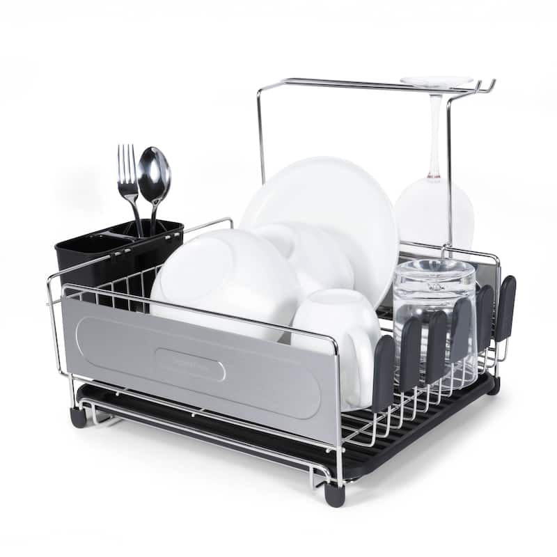 happimess Compact 17.25" Fingerprint-Proof Stainless Steel Dish Drying Rack With Wine Glass Holder, Stainless Steel/Black