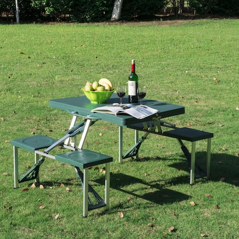 Outsunny 4 Person Plastic Portable Compact Folding Suitcase Picnic Table Set With Umbrella Hole - Green