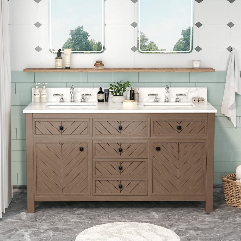 60-inch Modern Double Bathroom Vanity Crafted with Solid Wood Frame - Teakwood Brown
