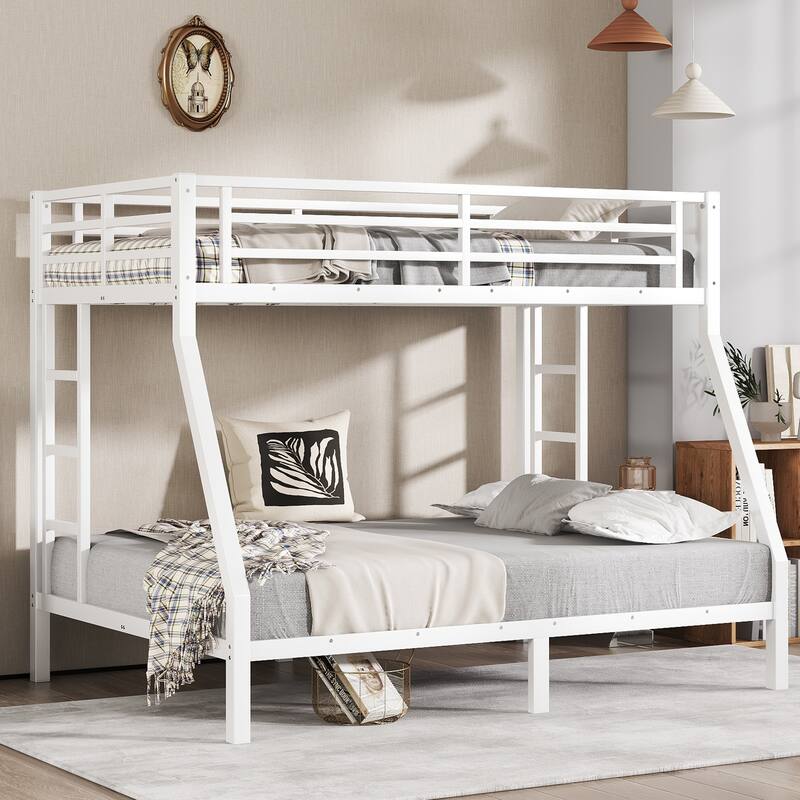 GDFStudio - Jame Bunk Bed for Teens and Adults with Space-Saving - White + Queen over Queen