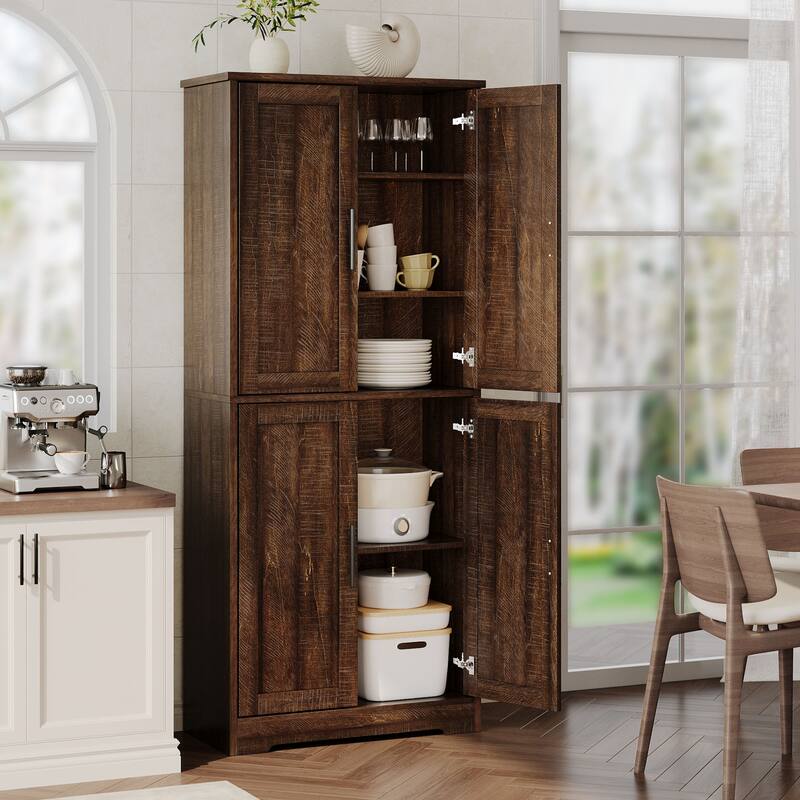 70'' Tall Kitchen Pantry Cabinet, Freestanding Storage Cabinet with 4 Doors and Adjustable Shelves - Brown